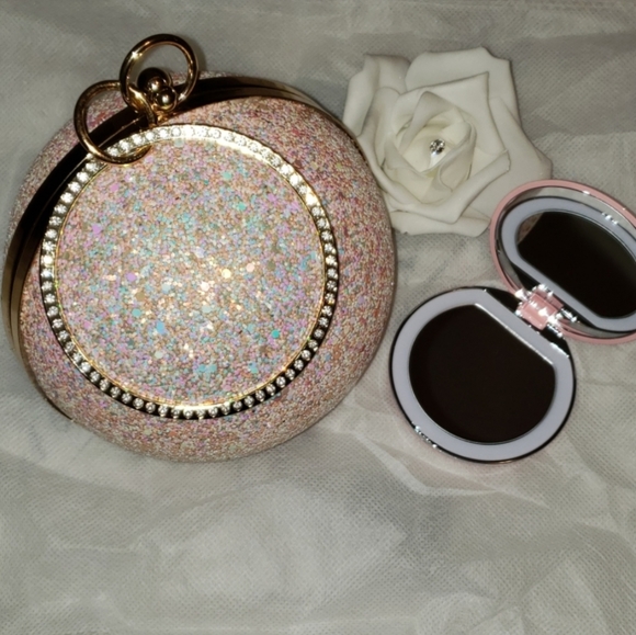 Handbags - Stunning Pink Evening Bag And Compact Mirror